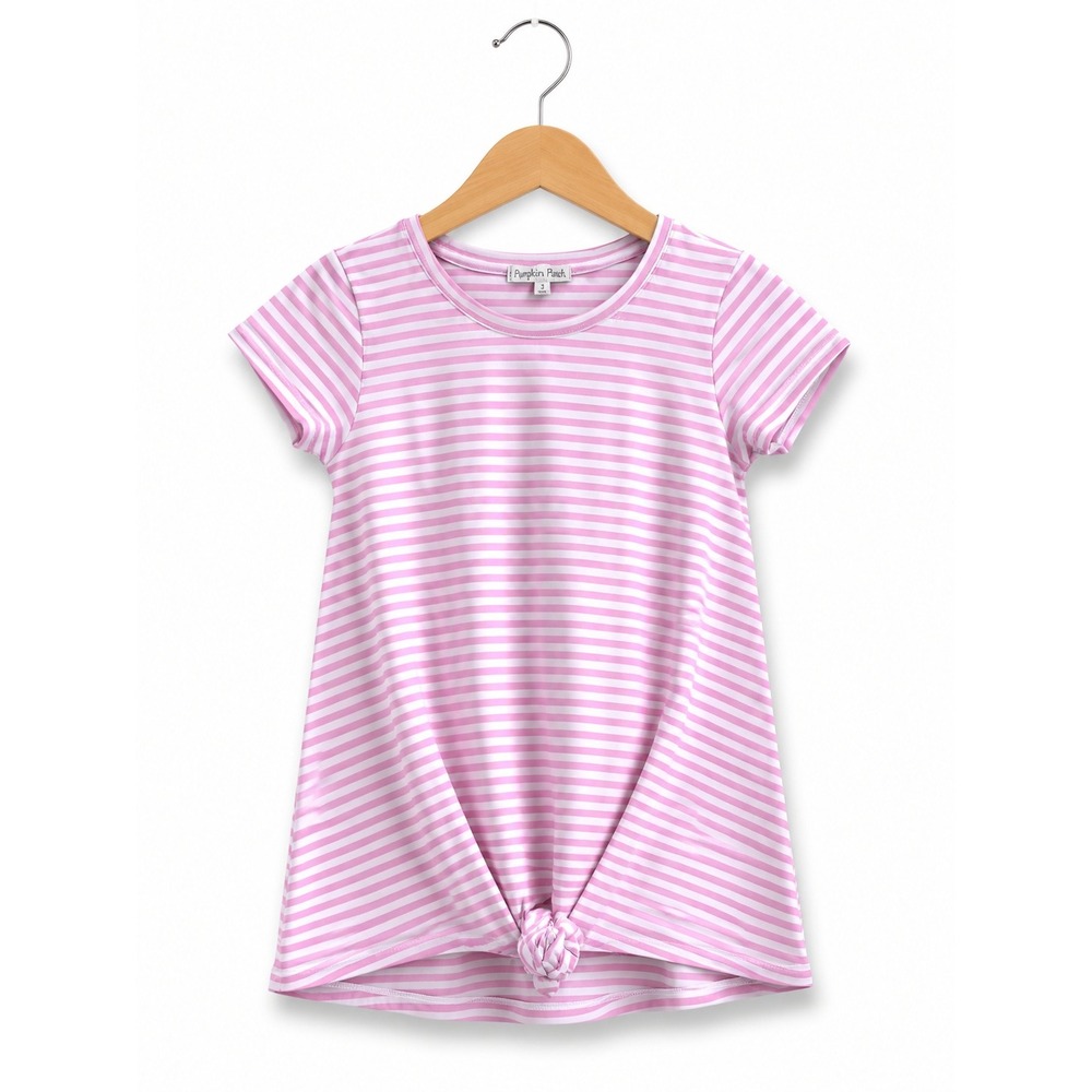 Copper Key Girls Top Size Medium Pink White Striped Knit Knot Tee Short‎ Sleeve